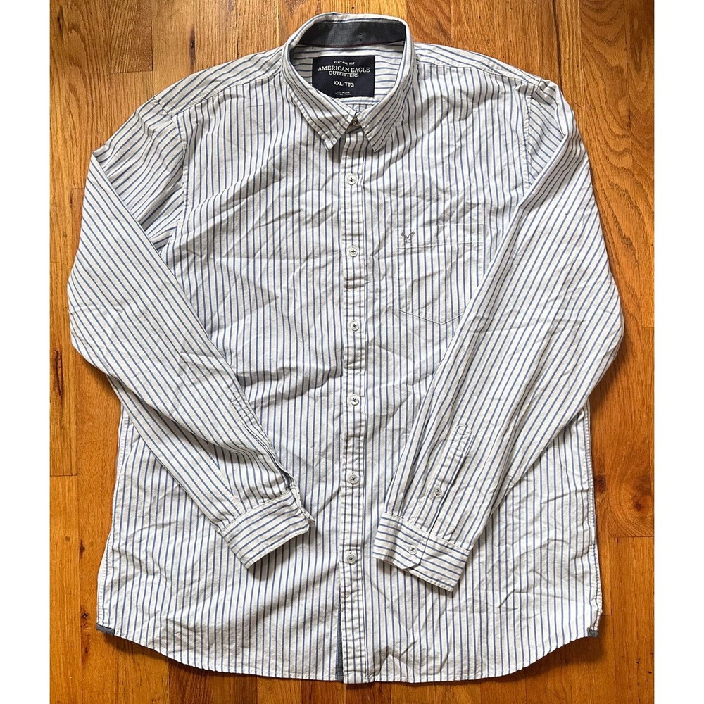 American Eagle Shirt‎ Men's 2XL White Striped Blue Casual Button Up Shirt